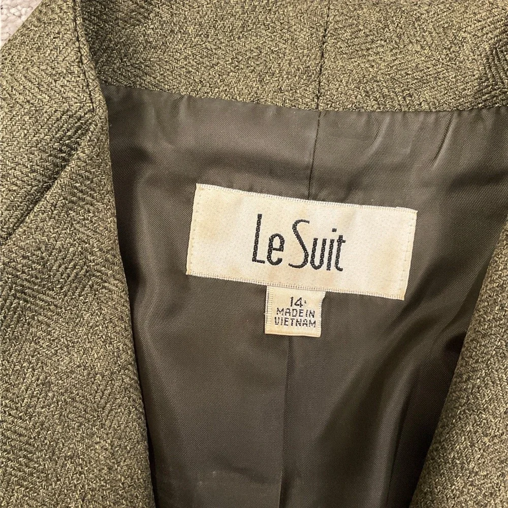 Le Suit Skirt Set Women 14 Olive Green Herringbone‎ Minimalist Career Structured